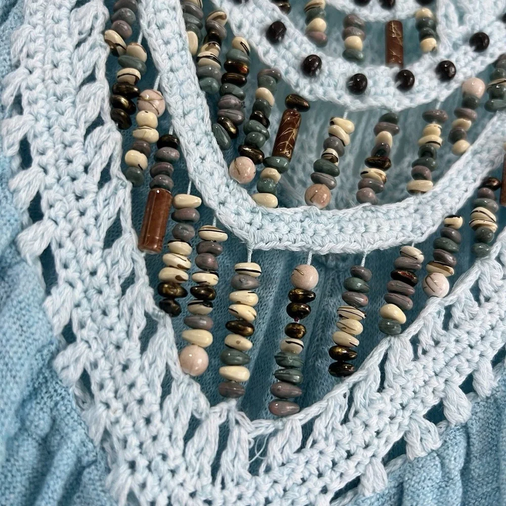 RARE Free People Crochet Beaded Neck Swing Tunic‎ Tank Top Blouse Aqua Blue XS